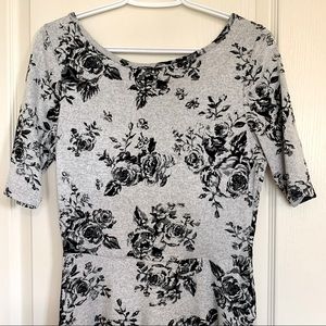 Black and Grey Floral Patterned Skater Dress